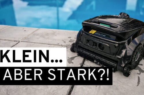 WYBOT B1 Review: A Surprisingly Good Pool Cleaner for Under 400 Euros? A small black WYBOT B1 pool robot is standing at the edge of a swimming pool. The German text “SMALL… BUT POWERFUL?!” appears in bold white and black letters, hinting at an upcoming test of its impressive cleaning capabilities. www.commaik.de