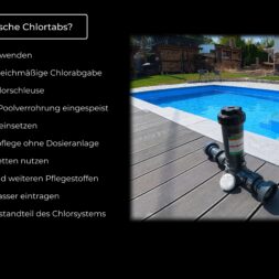 High Chlorine Consumption in the Pool: Why 20 Liters of Chlorine Disappeared in Two Weeks 25 A pool chlorinator is located on a wooden deck next to a blue outdoor pool. On the left, a German text explains the use of organic chlorine tablets for pool maintenance and provides information on chlorine consumption to help users maintain optimal water quality. www.commaik.de