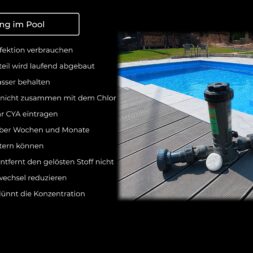 High Chlorine Consumption in the Pool: Why 20 Liters of Chlorine Disappeared in Two Weeks 27 Next to a terrace with a pool filtration system is a swimming pool. On the left, a German text explains chlorine usage, cyanuric acid, and water dilution in pool maintenance. Trees and lounge chairs can be seen in the background. www.commaik.de