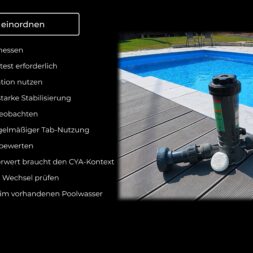 High Chlorine Consumption in the Pool: Why 20 Liters of Chlorine Disappeared in Two Weeks 28 A scene by the pool showing a chlorine dispenser on a wooden deck near a blue swimming pool. On the left are tips in German on how to properly measure and adjust the CYA (cyanuric acid) level in pool water, including advice on monitoring chlorine consumption for optimal pool maintenance. www.commaik.de