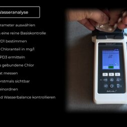 High Chlorine Consumption in the Pool: Why 20 Liters of Chlorine Disappeared in Two Weeks 42 A person is holding a water testing device in their hand; the results are shown on its display. To the left of it lies a German checklist of water analysis parameters, including chlorine consumption. www.commaik.de