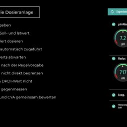 High Chlorine Consumption in the Pool: Why 20 Liters of Chlorine Disappeared in Two Weeks 35 A German-language user interface displays the guidelines for the dosing system on the left and, on the right, three digital readouts for pH, redox potential, and temperature, each showing the current values and the optimal ranges—including information on chlorine consumption to enable effective monitoring. www.commaik.de