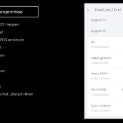 High Chlorine Consumption in the Pool: Why 20 Liters of Chlorine Disappeared in Two Weeks 45 The steps for the pool inspection are listed in German on a black screen. In addition, a mobile app displays the test results for pH, total chlorine, free chlorine, alkalinity, cyanuric acid, and chlorine consumption, along with the corresponding values and measurement data. www.commaik.de