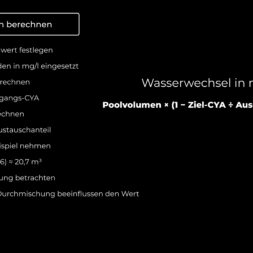High Chlorine Consumption in the Pool: Why 20 Liters of Chlorine Disappeared in Two Weeks 51 A screenshot showing a black background with white German text explaining how to calculate the water exchange in a swimming pool, including a formula for calculating the pool's volume, the steps for determining the required water replacement, and how to account for chlorine consumption during the process. www.commaik.de