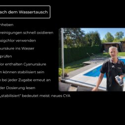 High Chlorine Consumption in the Pool: Why 20 Liters of Chlorine Disappeared in Two Weeks 53 A person is standing by the pool, holding a product in their hand. The German text contains instructions for shock chlorination after a water change, including dosage guidelines, information on cyanuric acid and chlorine compounds, and details on chlorine consumption to ensure optimal water quality. www.commaik.de