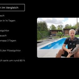 High Chlorine Consumption in the Pool: Why 20 Liters of Chlorine Disappeared in Two Weeks 54 A man is sitting by the pool and explaining chlorine usage. A comparison table on the left lists chlorine consumption before and after a water change, illustrating an impressive 80% reduction in chlorine consumption. The scene takes place outdoors, with green spaces and stacked wood completing the tranquil backdrop. www.commaik.de
