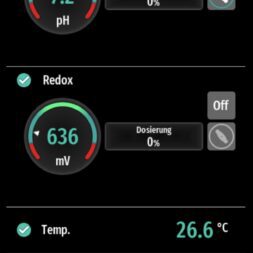 Installing the BAYROL Automatic Cl-pH in the Pool and Retrofitting a Temperature Sensor: My Experience 38 A digital display on the Bayrol Automatic system shows the pool settings: pH level at 7.2, redox value at 636 mV, temperature at 26.6 °C, and the filter pump is running. The dosage is set to 0% for both the pH and the redox value. www.commaik.de