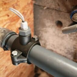 Installing the BAYROL Automatic Cl-pH in the Pool and Retrofitting a Temperature Sensor: My Experience 40 A close-up of a gray plastic pipe with screws, with a sensor attached to its upper end—likely part of an automatic Bayrol system—as well as a flexible conduit connected to it, which is mounted on a wall made of wood and concrete in an interior room. www.commaik.de