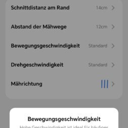 TerraMow V1000, V600, and Mini 500 Review: Robotic Lawn Mowers Without RTK and Lidar? 50 A screenshot of the settings menu for a German robotic lawn mower on a smartphone, showing options for cutting height, mowing path, speed, and direction. A pop-up window allows you to set the driving speed using the options “fine,” “standard,” “fast,” and “adaptive.” www.commaik.de