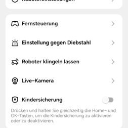 TerraMow V1000, V600, and Mini 500 Review: Robotic Lawn Mowers Without RTK and Lidar? 57 A smartphone screenshot of the settings menu for a robotic lawn mower in German. Menu options include Map Management, Logs, Network and Bluetooth, Anti-Theft, Parental Controls, Firmware Updates, Feedback, Share, Maintenance, and Device Information. www.commaik.de
