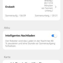TerraMow V1000, V600, and Mini 500 Review: Robotic Lawn Mowers Without RTK and Lidar? 58 A smartphone screenshot showing the robotic mower's settings in German, including Environment, Weather Adjustment, Operating Hours, Battery, Smart Features, and Troubleshooting Options. The user interface includes buttons and sliders for customization. www.commaik.de