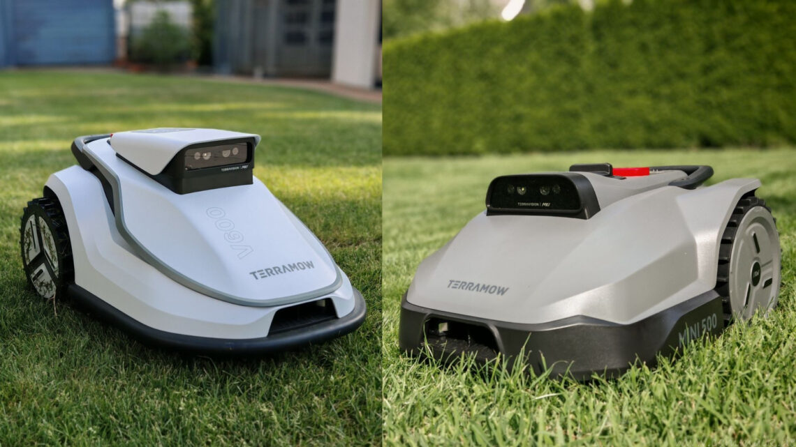 TerraMow V1000, V600, and Mini 500 Review: Robotic Lawn Mowers Without RTK and Lidar? 1 Two robotic mowers, the TerraMow V600 and the V500, are sitting on the lawn; cameras are mounted on their sleek gray bodies and wheels. The word “TERRAMOW” is clearly visible on both of them. In the background, you can see a hedge and a building—the perfect setting for an outdoor test. www.commaik.de
