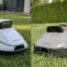 TerraMow V1000 & V600 und Mini 500 im Test: Mähroboter ohne RTK und Lidar? 66 Zwei Mähroboter, der TerraMow V600 und der V500, stehen auf dem Rasen, an ihren schlanken grauen Gehäusen und Rädern sind Kameras angebracht. Auf beiden ist deutlich der Schriftzug „TERRAMOW“ zu erkennen. Im Hintergrund sind eine Hecke und ein Gebäude zu sehen – die Kulisse für einen idealen Test im Freien. www.commaik.de