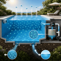 High Chlorine Consumption in the Pool: Why 20 Liters of Chlorine Disappeared in Two Weeks 29 A cross-section of a garden pool shows a filtration system that removes particles from the water—illustrating the process that helps reduce chlorine consumption—depicted with visualized molecules, flowing arrows, and a sunny patio in the background. www.commaik.de