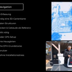 ECOVACS GOAT O1200 LiDAR PRO Review: Perfect Edge Mowing Without Any Touch-Ups? 22 Slide on LiDAR navigation. Left: The German text highlights 3D mapping, the lack of GPS, the detection of property boundaries, and ease of use—features that set the Ecovacs Goat apart. Right: A person stands next to a device on a table, above which a blue LiDAR map is visible, illustrating the Ecovacs Goat's advanced navigation technology. www.commaik.de