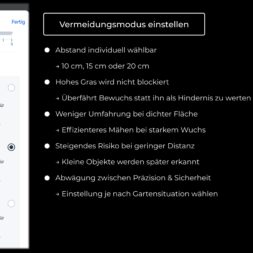 ECOVACS GOAT O1200 LiDAR PRO Review: Perfect Edge Mowing Without Any Touch-Ups? 35 A screenshot of a German-language user interface showing the settings for the "Avoidance Mode" on your Ecovacs Goat, with selectable options and explanatory bullet points regarding the mowing and avoidance modes. www.commaik.de