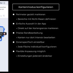 ECOVACS GOAT O1200 LiDAR PRO Review: Perfect Edge Mowing Without Any Touch-Ups? 37 Screenshot of a lawn planning app showing an area highlighted in blue on the left and German text on the right explaining configurable features of Edge Mode, such as boundary marking and flexible adjustments —ideal for users who manage their Ecovacs Goat robotic lawn mower. www.commaik.de