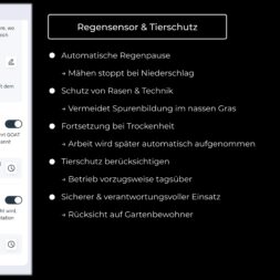 ECOVACS GOAT O1200 LiDAR PRO Review: Perfect Edge Mowing Without Any Touch-Ups? 39 Screenshot of a control panel showing the settings for a rain sensor and animal protection, with toggle switches on the left and a list of features such as automatic rain pause and animal protection on the right—designed specifically for the Ecovacs Goat robotic mower. www.commaik.de