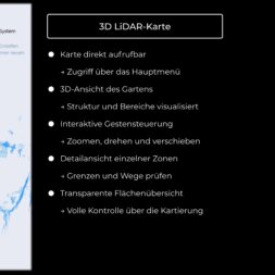 ECOVACS GOAT O1200 LiDAR PRO Review: Perfect Edge Mowing Without Any Touch-Ups? 40 A 3D LiDAR mapping interface specifically designed for innovative solutions. Left: Blue garden map based on Ecovacs' "Goat" technology. Right: List of features such as direct access, 3D view, interactive controls, detailed view, boundaries, transparent overlay, and full map control. www.commaik.de