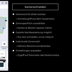 ECOVACS GOAT O1200 LiDAR PRO Review: Perfect Edge Mowing Without Any Touch-Ups? 27 Screenshot of an app for a robotic lawn mower showing a outlined mowing path on a map, as well as a list of features for edge-trimming mode—including customizable zones and adjustable parameters—in German. The user interface highlights the advanced features of the Ecovacs Goat series for precise and efficient lawn care. www.commaik.de