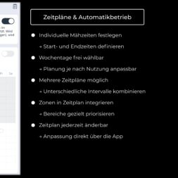 ECOVACS GOAT O1200 LiDAR PRO Review: Perfect Edge Mowing Without Any Touch-Ups? 28 Screenshot of a German smart home app showing planning and automation options, including a list of features such as meal planning, start and end times, interval settings, and app-based adjustments—now also compatible with the Ecovacs Goat integration—all displayed against an elegant black background. www.commaik.de