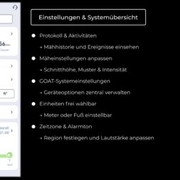 ECOVACS GOAT O1200 LiDAR PRO Review: Perfect Edge Mowing Without Any Touch-Ups? 30 A screenshot of a user interface in German showing mowing settings specifically for the Ecovacs Goat, weather information, and a system overview menu with options for activity logs, device management, time zone, and region settings. www.commaik.de