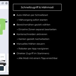 ECOVACS GOAT O1200 LiDAR PRO Review: Perfect Edge Mowing Without Any Touch-Ups? 41 Screenshot of the control app for the ECOVACS GOAT robotic lawn mower, showing a garden map on the left and a black panel on the right that lists features such as Quick Start, Zone Selection, Edge Mowing, Manual Control, App Navigation, and Mode Selection. www.commaik.de