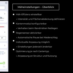 ECOVACS GOAT O1200 LiDAR PRO Review: Perfect Edge Mowing Without Any Touch-Ups? 42 A screenshot of the settings menu on a German lawn mower, showing the battery level, efficiency, and weather. On the right-hand side, an overview lists the adjustable mowing options—including intensity, rain sensor, garden type, and edge behavior—which demonstrate the advanced customization features of the Ecovacs Goat robotic lawn mowers. www.commaik.de