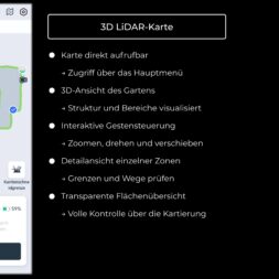 ECOVACS GOAT O1200 LiDAR PRO Review: Perfect Edge Mowing Without Any Touch-Ups? 43 Screenshot of a 3D LiDAR map for the Ecovacs Goat robotic lawn mower, showing the garden layout on the left and a list of map features in German on the right. www.commaik.de
