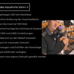Frequenzumrichter Poolpumpe: Einbau, Einstellungen und Strom sparen 4 Technische Daten zum Frequenzumrichter AquaForte Vario+ II, dargestellt neben einem Videobild, auf dem ein Techniker die Installation des Geräts vorführt. www.commaik.de