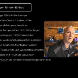 Frequenzumrichter Poolpumpe: Einbau, Einstellungen und Strom sparen 5 Ein Mann steht in einem Hauswirtschaftsraum mit Poolausrüstung neben den Installationsanforderungen für einen Frequenzumrichter, darunter eine 230-Volt-Pumpe mit einer maximalen Leistung von 1.100 Watt und ein Fehlerstromschutzschalter. www.commaik.de