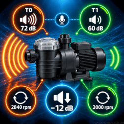 Frequenzumrichter Poolpumpe: Einbau, Einstellungen und Strom sparen 10 Eine Infografik zu Schwimmbadpumpen, in der die Betriebsmodi verglichen werden und gezeigt wird, wie ein Frequenzumrichter den Geräuschpegel von 72 dB auf 60 dB und die Drehzahl von 2840 U/min auf 2000 U/min senkt, was einer Geräuschreduzierung von 12 dB entspricht. www.commaik.de