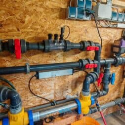 Pool winterfest machen: Wasser ablassen, Technik einlagern und das Becken abdecken 4 Poolfilter- und Desinfektionsanlagen mit PVC-Rohren, Ventilen und elektrischen Schaltkästen, die zur Vorbereitung auf das Winterfest an einer Holzwand montiert wurden. www.commaik.de