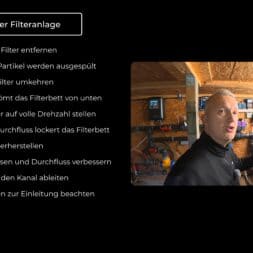 Pool winterfest machen: Wasser ablassen, Technik einlagern und das Becken abdecken 30 Ein Mann, der in einer Schulungspräsentation den Rückspülvorgang bei der Wintervorbereitung eines Filtersystems für einen Pool erklärt. www.commaik.de