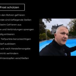 Pool winterfest machen: Wasser ablassen, Technik einlagern und das Becken abdecken 39 Eine Infografik mit dem Titel Poolrohre vor Frost schützen, die Tipps zur winterfesten Vorbereitung von Poolrohren enthält, neben einem Mann, der auf ein Schwimmbecken zeigt. www.commaik.de