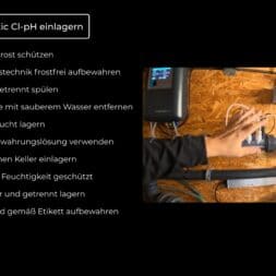 Pool winterfest machen: Wasser ablassen, Technik einlagern und das Becken abdecken 32 Anleitungsgrafik für das Pool Winterfest, die eine Checkliste mit den Schritten zur Winterfestmachung eines BAYROL-Pool-Dosiersystems zeigt, neben einer Person, die die Rohrleitungen berührt. www.commaik.de