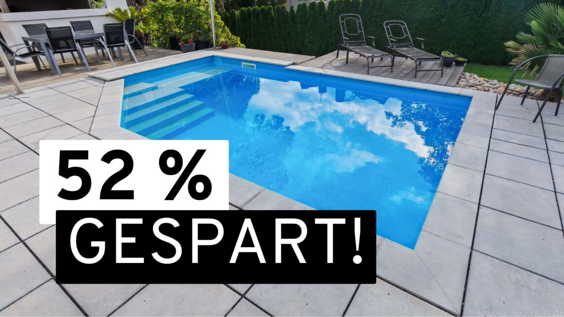 Frequenzumrichter Poolpumpe: Einbau, Einstellungen und Strom sparen 2 Ein Swimmingpool im Garten mit Gartenmöbeln und einem Text, der auf eine Einsparung von 52 % durch einen Frequenzumrichter hinweist. www.commaik.de