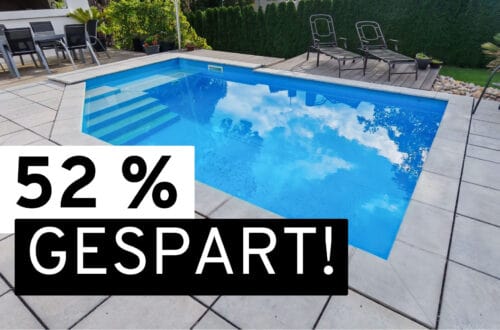 Frequenzumrichter Poolpumpe: Einbau, Einstellungen und Strom sparen 56 Ein Swimmingpool im Garten mit Gartenmöbeln und einem Text, der auf eine Einsparung von 52 % durch einen Frequenzumrichter hinweist. www.commaik.de