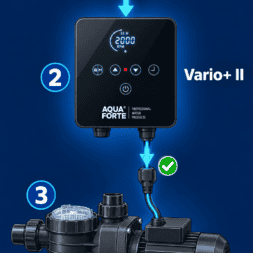 Frequenzumrichter Poolpumpe: Einbau, Einstellungen und Strom sparen 9 Schaltplan, der den Anschluss zwischen einer 230-V-Steckdose, einem AquaForte Vario+ II-Frequenzumrichter und einer BADU Magic II/8-Poolpumpe zeigt. www.commaik.de
